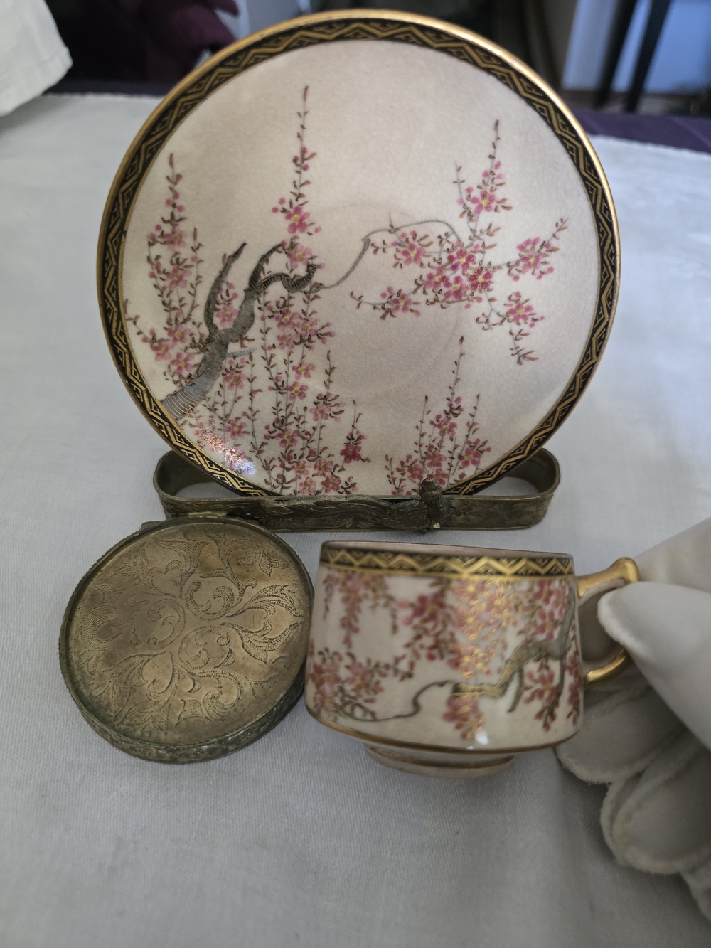 Vintage Japanese Eggshell Porcelian Demitasse Teacup & Saucer Cherry Blossom